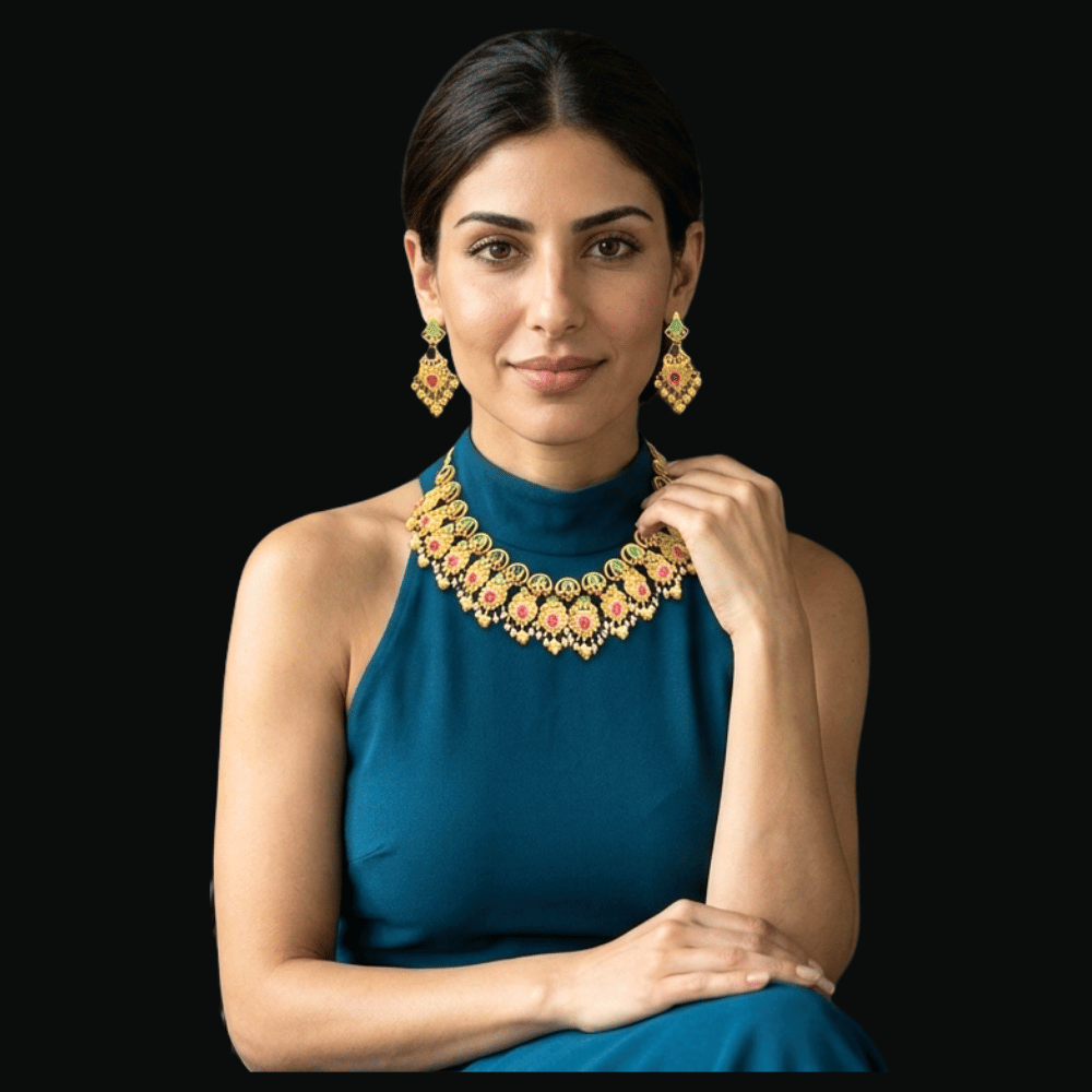 22K Gold Necklace Set With Natural Ruby and Emerald