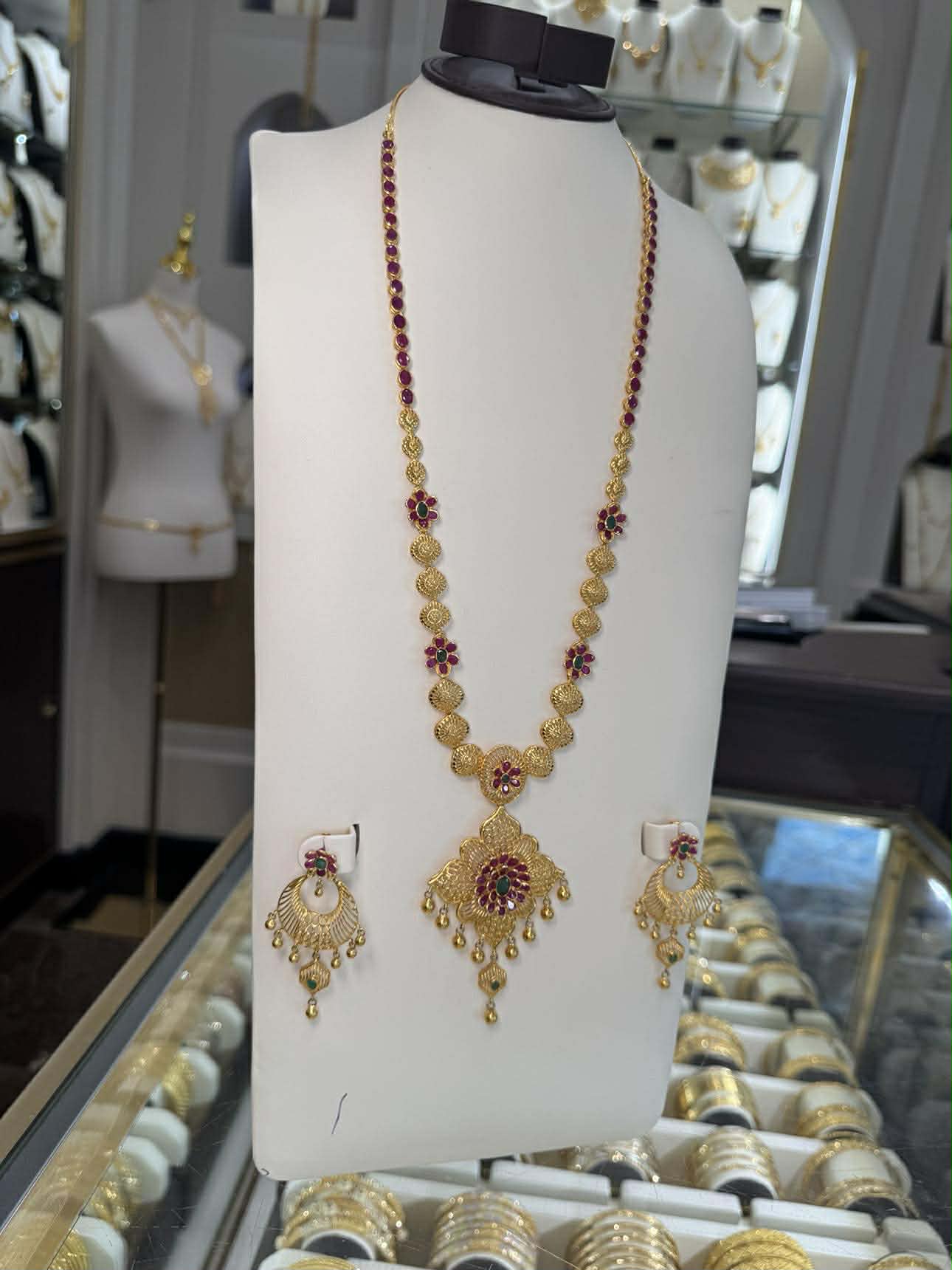 22K Gold Necklace Set with Natural Ruby & Emerald 