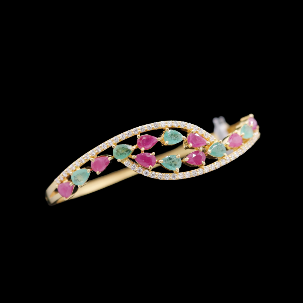 22K Gold Bangle Bracelet With Natural Ruby and Emerald 