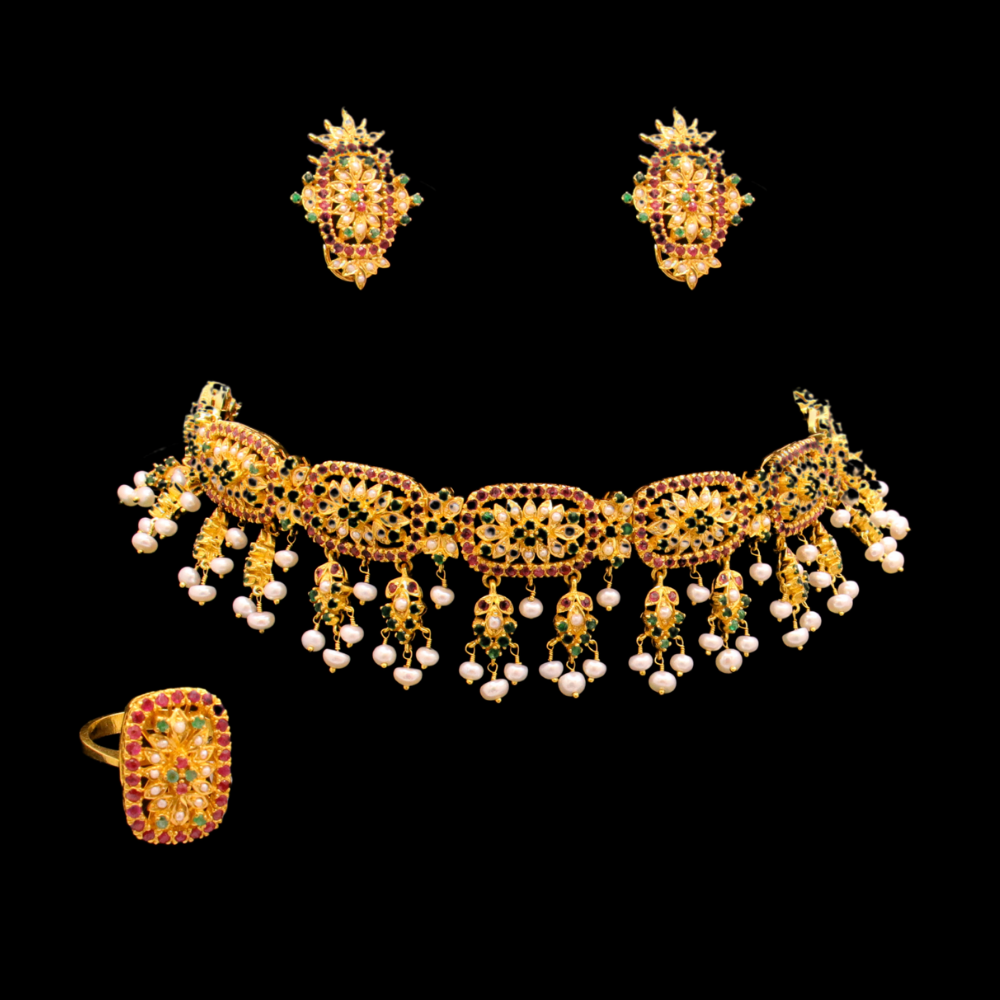 22K Gold Necklace Set With Natural Ruby and Emerald
