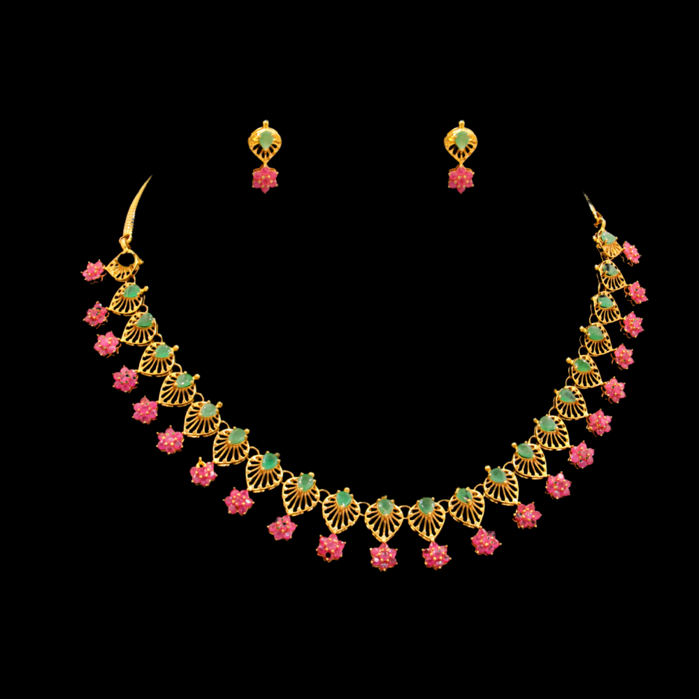 22K Gold Necklace Set With Natural Ruby and Emerald